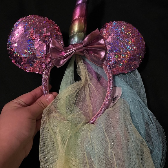 Official Disney Sparkly Pink Sequin Ears with Bow And Rainbow Veil - Picture 1 of 4